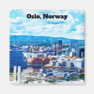 Imã Panorama Vista de Oslo Noruega Pintura em Aquarela