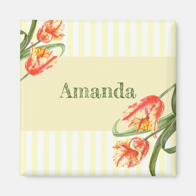 Imã Papagaio Amarelo Tulipas Flores Arte Floral (Frente)