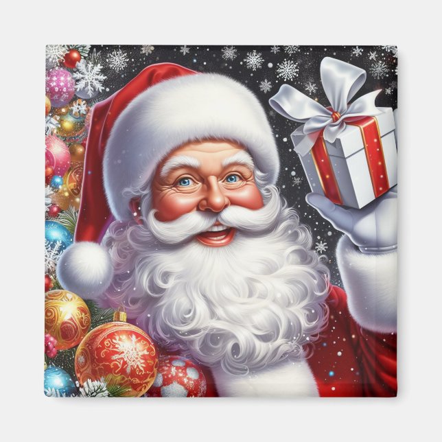 Imã Papai Noel clássico com presente e enfeites (Frente)