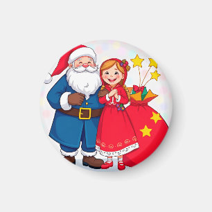 Imã Papai Noel e Menina com um Saco de Presentes