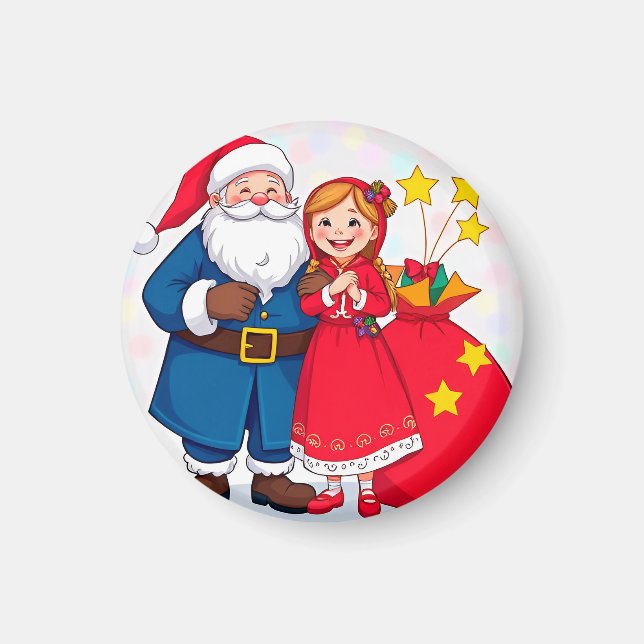 Imã Papai Noel e Menina com um Saco de Presentes (Frente)