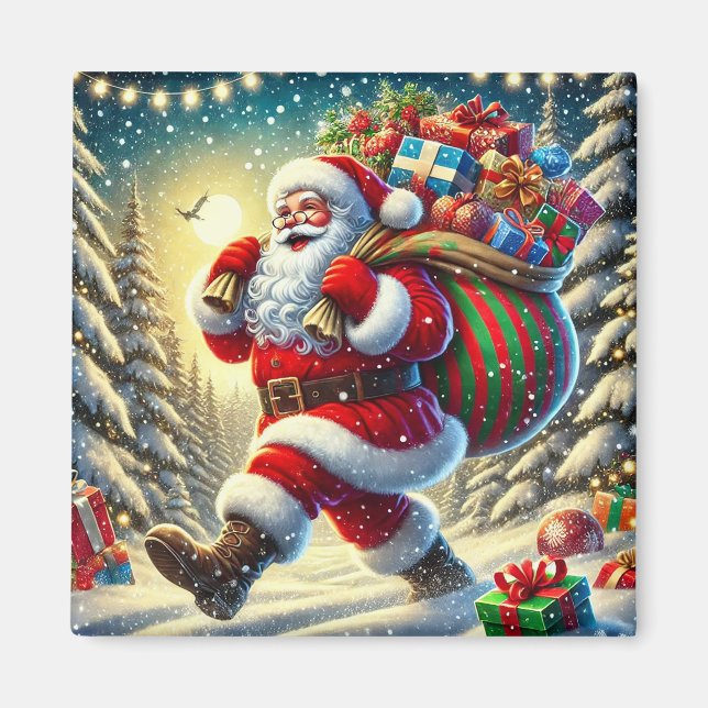 Imã Papai Noel Entregando Presentes em um Natal Nevado (Frente)