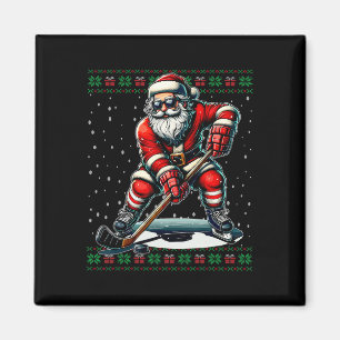 Imã Papai Noel Jogando Hockey Suéter Feio de Natal