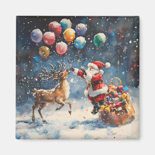Imã Papai Noel Rena de Aquarela Colorido Balão