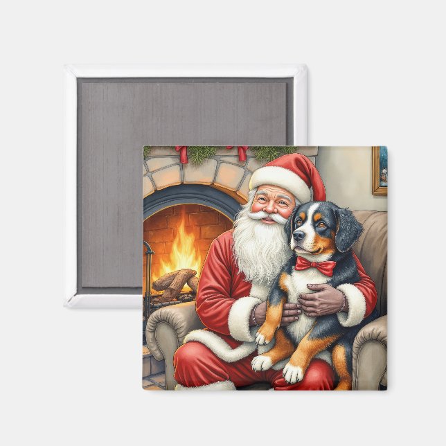 Imã Papai Noel segurando Bernese Mountain Dog no Natal (Front/Back)
