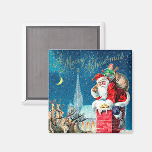 Imã Papai Noel Vitoriano de Natal Antigo na Chaminé