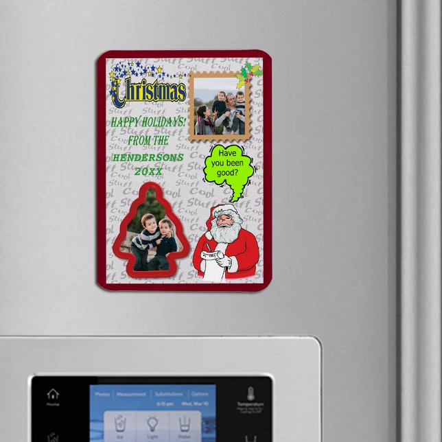 Ímã Papais noeis de Natal e Árvore Adicionar duas foto (Christmas Santa & Tree Add Two Photos Holiday Magnet)