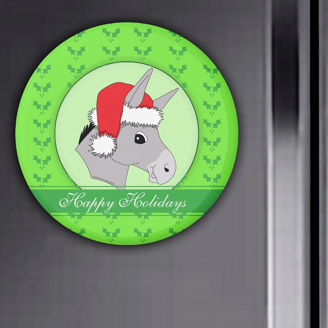 Imã Papais noeis Donkey Holly Cute Feliz Natal (Santa Donkey Holly Cute Happy Holidays Christmas Magnet)