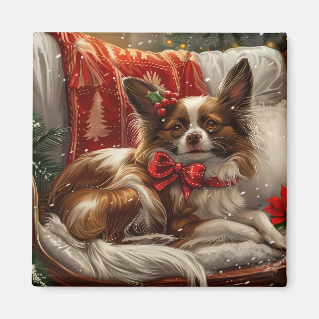Imã Papillon Cão Natal Festivo (Frente)
