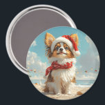 Imã Papillon Dog Christmas Vintage Beach<br><div class="desc">Traga o calor dos feriados para a costa com esta charmosa design inspirada na vintagem, que apresenta um cão festivo sentado numa praia serena. Com um clássico toque de feriado de tons nostálgicos e vibrações costeiras, esta trabalho de arte captura a magia do Natal pelo mar. Perfeito para espalhar alegria...</div>
