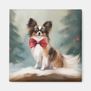 Imã Papillon Dog no Natal da Neve