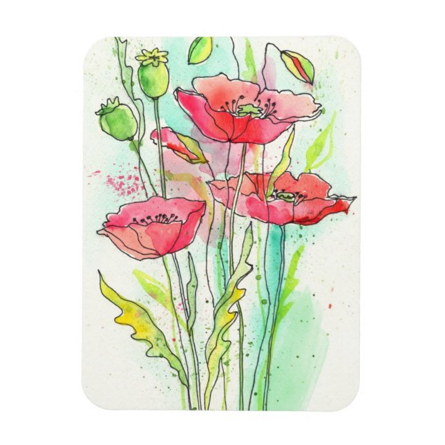 Ímã Papoilas de aquarelas pintadas (Vertical)