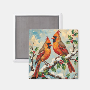 Imã Par de Cardinals Vintage em Ramo de Azevinho Nevad