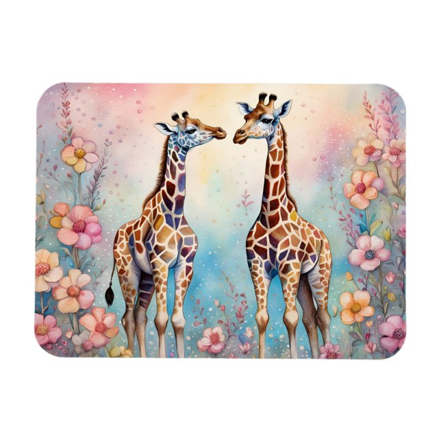 Ímã Par de Girafas em Jardim Pastel (Horizontal)