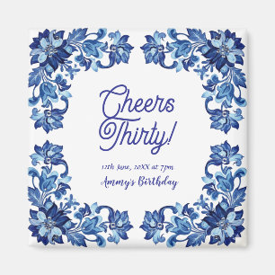 Imã Parabéns trinta aniversário azul real floral borda