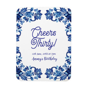 Ímã Parabéns trinta aniversário azul real floral borda