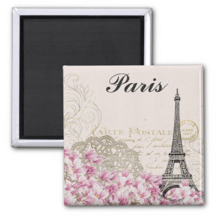 Imã Paris França Torre Eiffel Flores Rosa Vintage