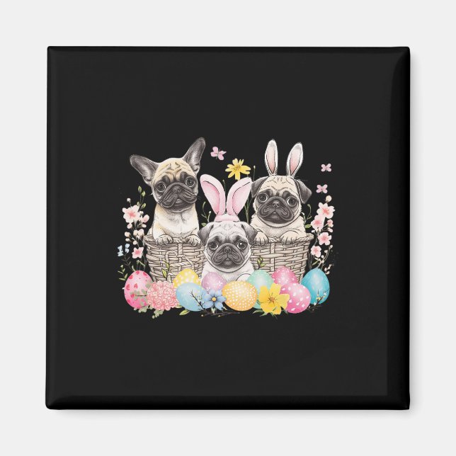 Imã Páscoa Três Pug Cute Páscoa Coelhinha Arte (Frente)