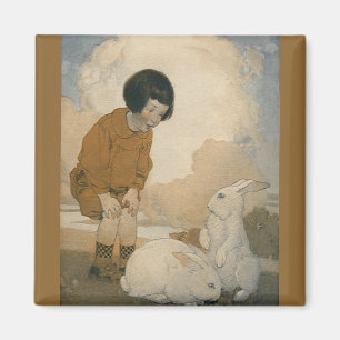 Imã Páscoa Vintage, Criança Brincando com Coelhos Bran