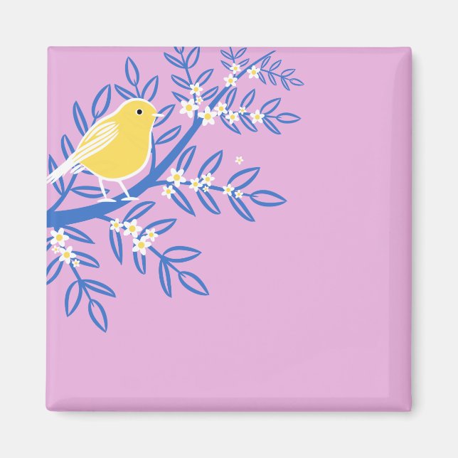 Imã Pássaro Amarelo Ilustrado em um Fundo Rosa (Frente)