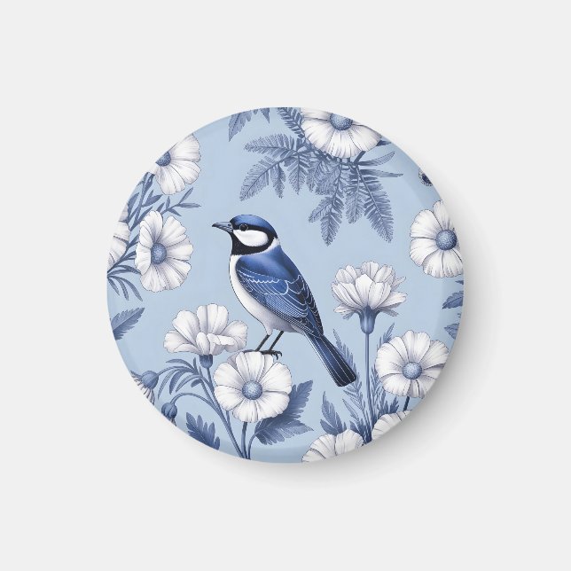 Imã Pássaro Azul Elegante e Padrão Floral Branco (Frente)