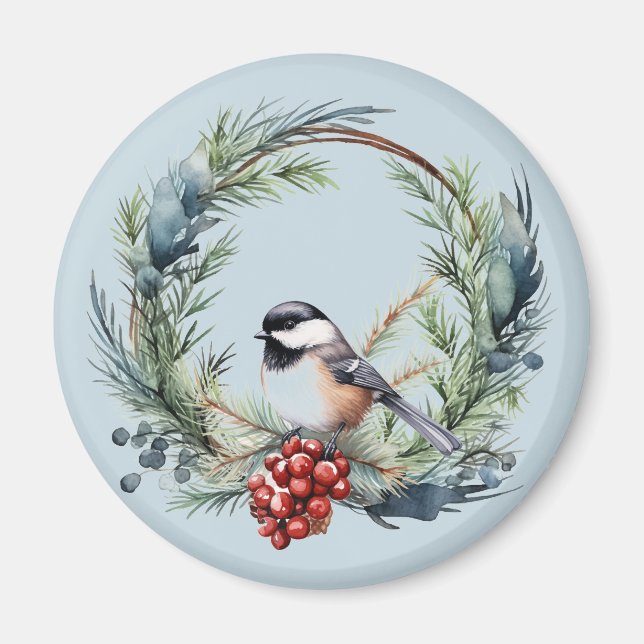 Imã Pássaro Chickadee de Natal na Arte Wreath (Frente)