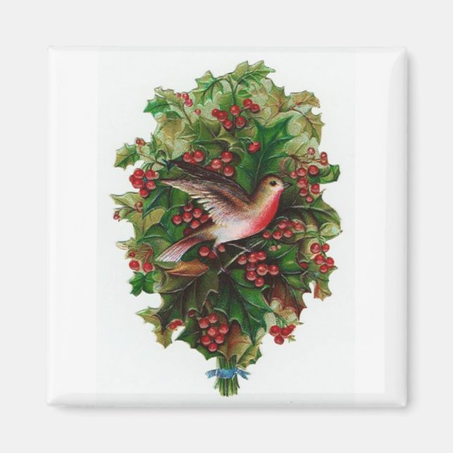 Imã Pássaro de Natal & Holly Vintage Magnet (Frente)