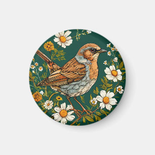Imã Pássaro Dunnock Colorido Entre Flores em Flor