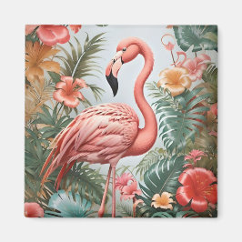 Imã Pássaro Flamingo Rosa Elegante e Flores Tropicais