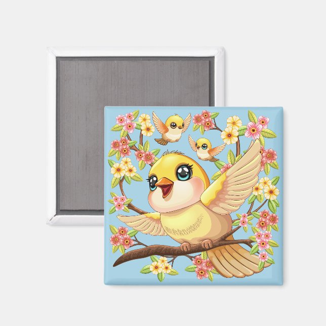 Imã Pássaros bonitos e felizes entre as flores da prim (Front/Back)