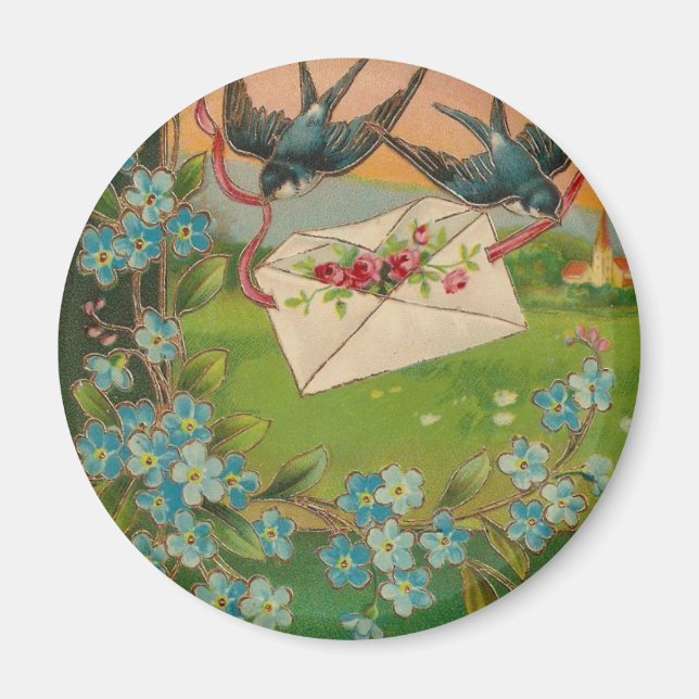 Imã Pássaros e flores com cartão postal de aniversário (Frente)