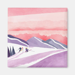 Imã Pastel Watercolor Ski Mountain Sunset