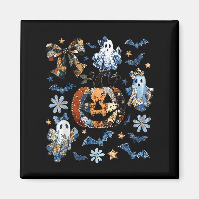 Imã Patchwork Floral de Denim Azul Pumpkin Ghost Coque (Frente)