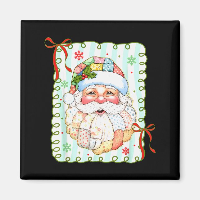 Imã Patchwork Rosto de Papai Noel Coquette Feliz Natal (Frente)