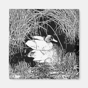 Imã Pato Elegante em Reeds de Natureza Preta e Branca