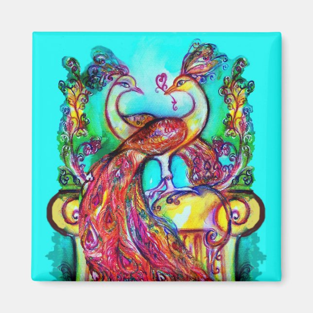 Imã PAVÕES ENAMORADOS  MONOGRAMA vermelho azul turques (Frente)