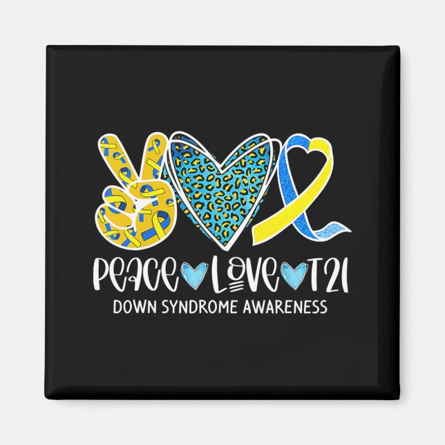 Imã Peace Love Cure Blue & Yellow Ribbon Down Syndrome (Frente)