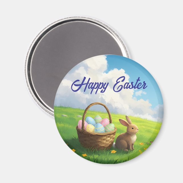 Imã Peaceful Easter Spring Meadow Bunny & Egg Basket (Front/Back)