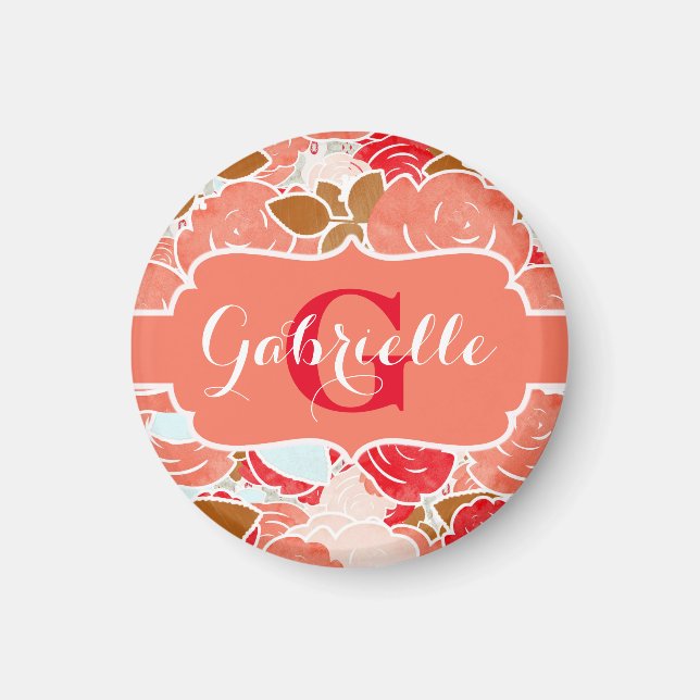 Imã Peach e Rosas de Aquarela Dourada Monograma Floral (Frente)