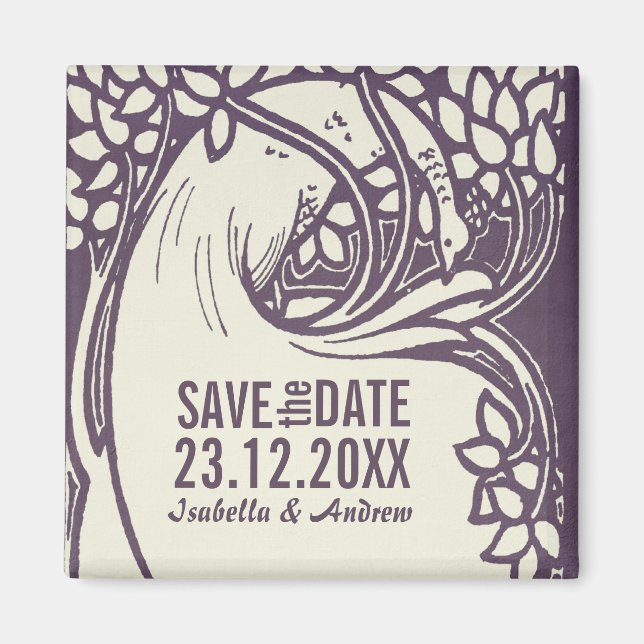 Imã Peacock art deco violet and ivory save date (Frente)