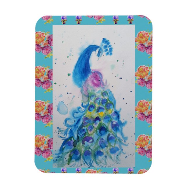 Ímã Peacock Blue Bird Watercolor Aqua imã de geladeira (Vertical)