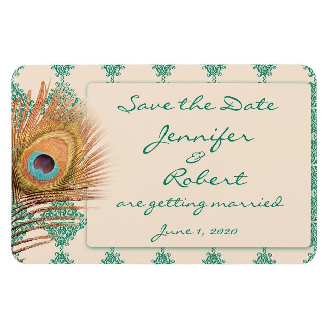 Ímã Peacock Feather no Teal Marroquino Azulejo Salve o (Horizontal)