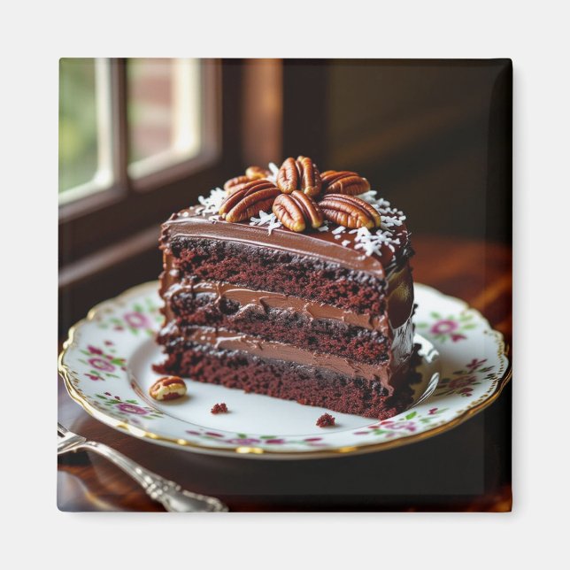 Imã Pedaço de Bolo de Chocolate num Prato Chique (Frente)