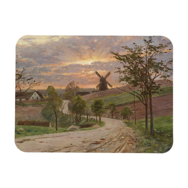 Ímã Peder Mønste-Country Road,Windmill,Sunset| Vintage (Horizontal)