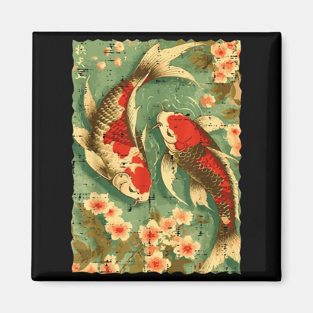 Imã Peixes Koi Japoneses Flores de Cerejeira Sakura Ar (Frente)
