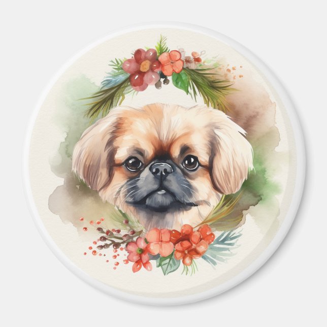 Imã Pekingese Christmas Wreath Festivo Pup (Frente)