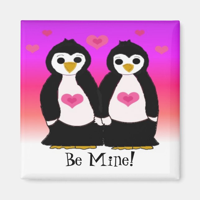 Imã Penguin Couple with Cute Hearts (Frente)