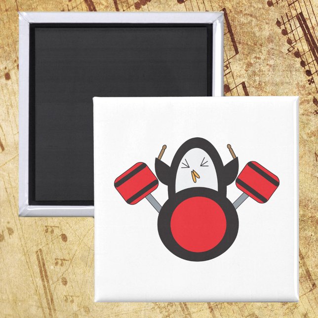 Imã Penguin Drummer Music Cute (A magnet with a cute penguin playing the drums.)