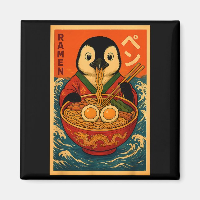 Imã Penguin Eating Ramen Japanese Noodles Funny  (Frente)