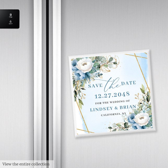 Imã Peônias Azuis Empoeiradas Modernas Ímã Salva a Dat (Modern Dusty Blue Peonies Gold Save the Date Magnet)